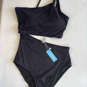 Yonique Black Ribbed Bikini Set